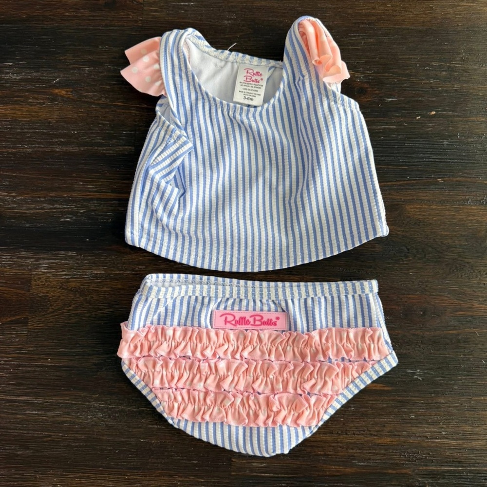 Ruffle Butts Blue and White Diaper Cover with Ruffles